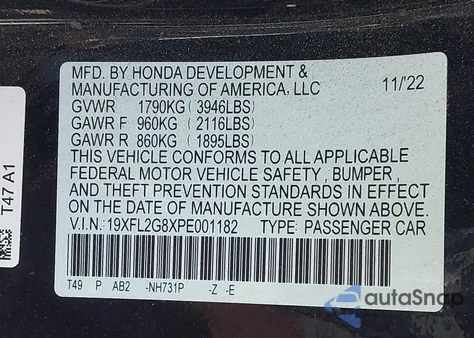 2023 Honda Civic Sport z USA, uszkodzony, nr VIN 19XFL2G8XPE001182